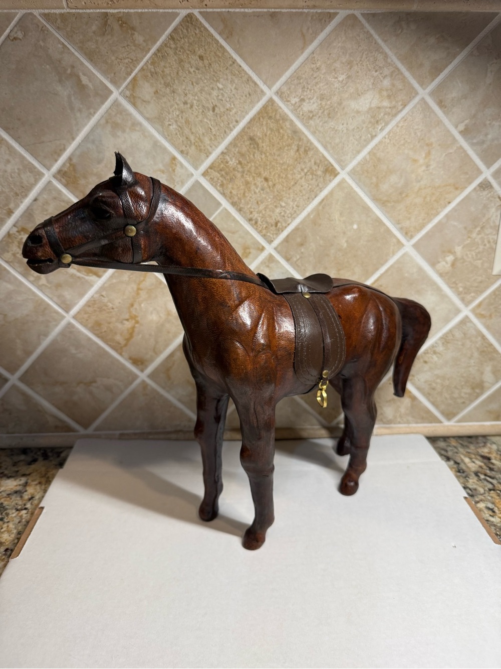Large Brown Leather Horse Figurine Equestrian Saddle Bridle Decor 12” Tall